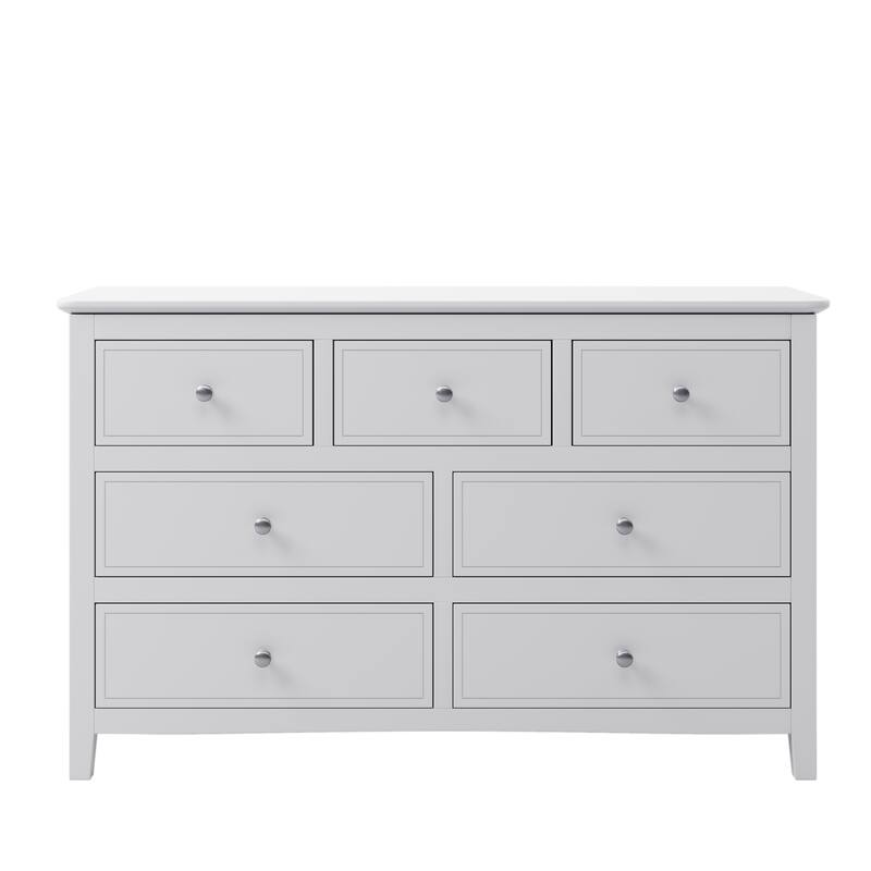 White Pine Wood 7Drawer Dresser with Stylish Metal Knobs, Ample