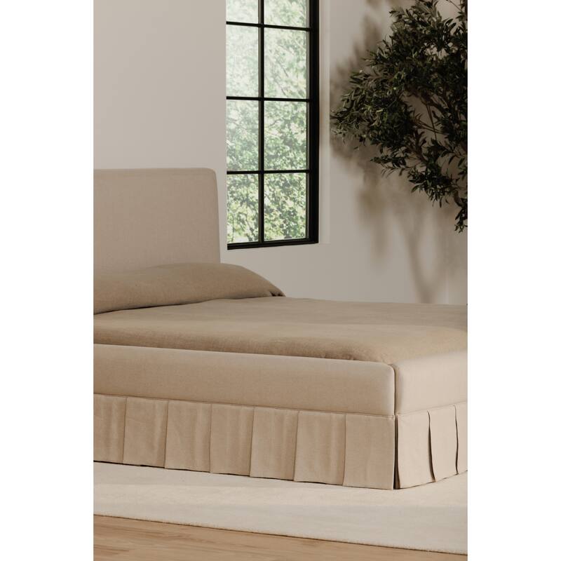 NADAAL STUDIOS Lenora Beige Upholstered Queen Bed with Pleated Skirt Base and Padded Headboard