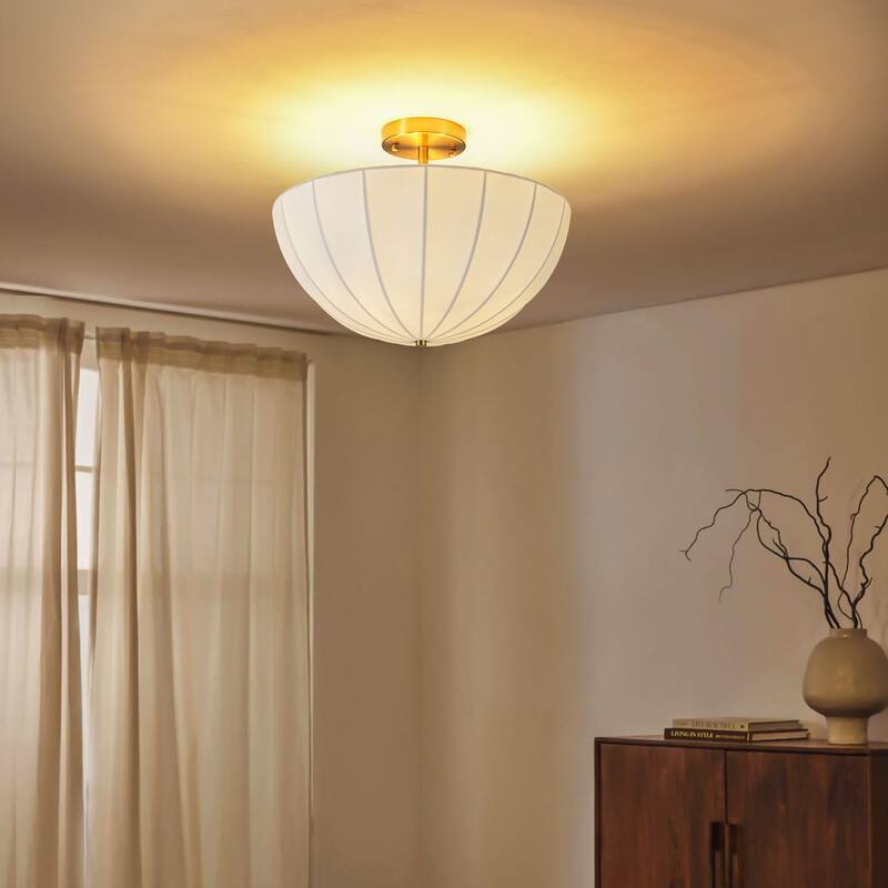 3-Light Modern Silk Flush Mount Ceiling Light, Semi Dome Fabric Shade for Bedroom - 3 Light