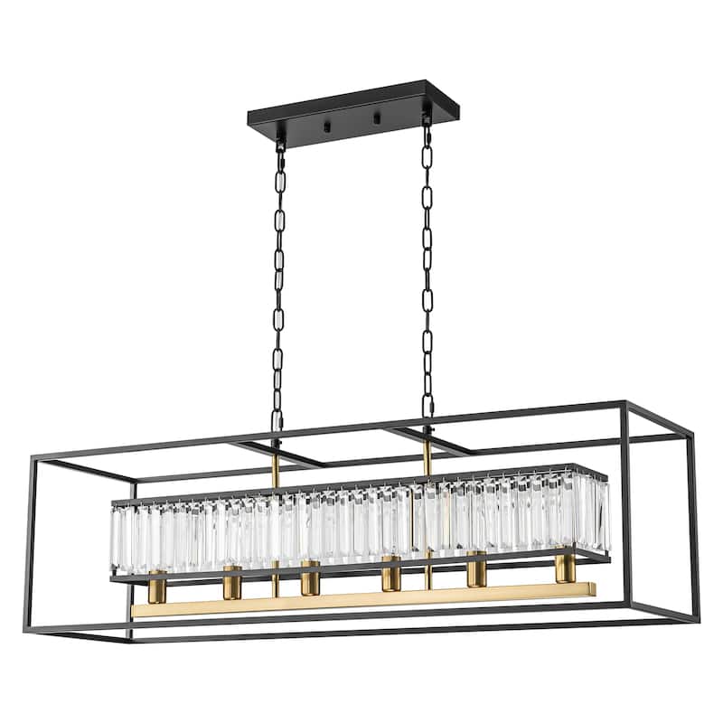 Rennnsan 6-Light Modern Black and Gold Rectangular Geometric Crystal Large Chandelier for Dining Room Table