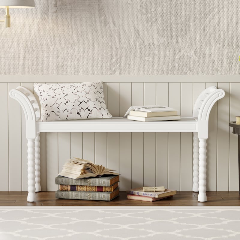 Retro Style Wooden Platform Bed Set - White-Only 1 Bench - Queen