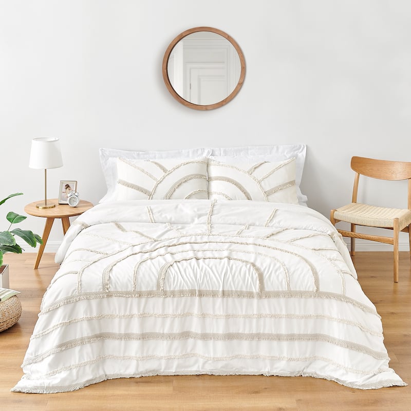 Sweet Jojo Designs Ivory Boho Chic Sun Boy Girl Unisex Queen Duvet Cover Bedding Set Cotton Bohemian Farmhouse Shabby Fringe