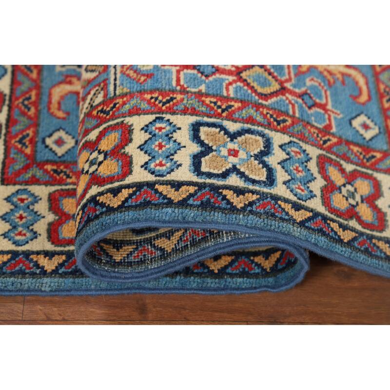Blue Geometric Kazak Foyer Rug Hand-Knotted Wool Carpet - 2'10" x 3'11"