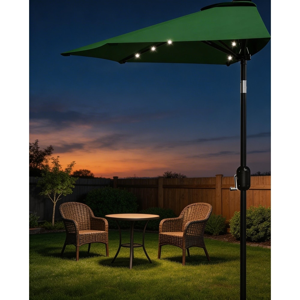 9ft Outdoor Patio Half Umbrella, with Solar LED Lights and Smooth Crank Lift