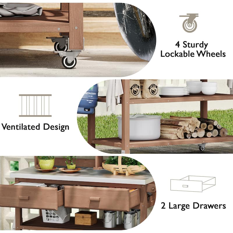 Outdoor Potting Bench Table with Lockable Wheels Solid Wood Kitchen Island and Stainless Steel Top