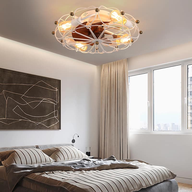 Modern Flush Mount Ceiling Fan Light with Light and Remote Control, Cage Design for Bedroom and Living Room