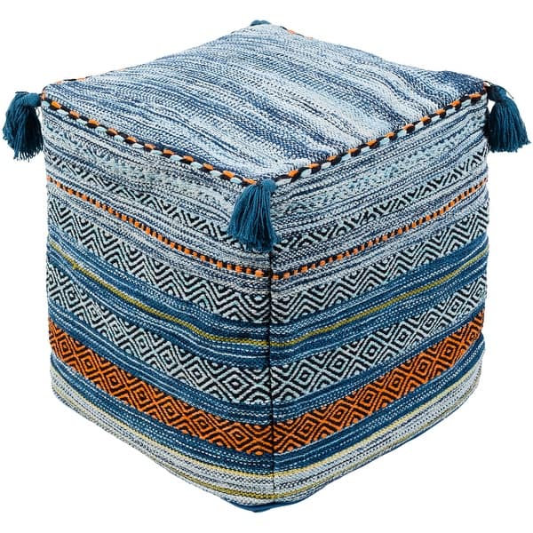 slide 2 of 2, 18" Denim Blue and Orange Cubic Pouf Ottoman with Tassels