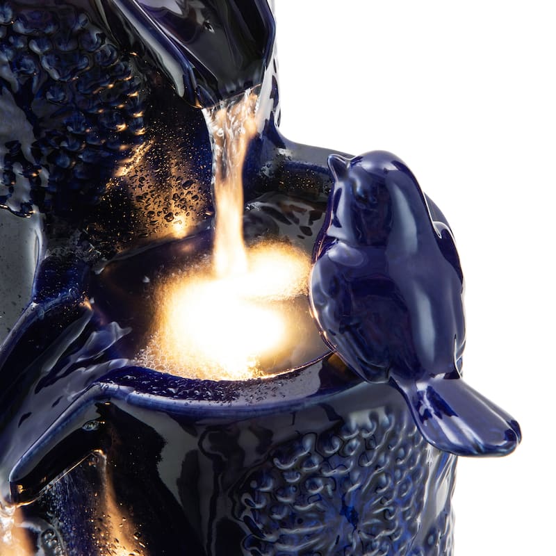 Glitzhome 27" H 4-Tier LED Ceramic Outdoor Floor Fountain with Birds, Cobalt Blue Turquoise Dandelion Texture Vase-Shaped