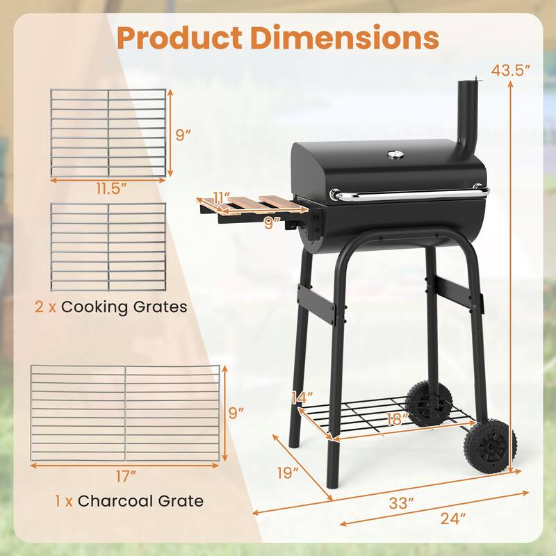 Gymax Barrel Charcoal Grill w/Foldable Side Table Built-in Thermometer