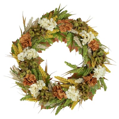 White Orange Hydrangea Artificial Fall Harvest Twig Wreath, 28", Unlit
