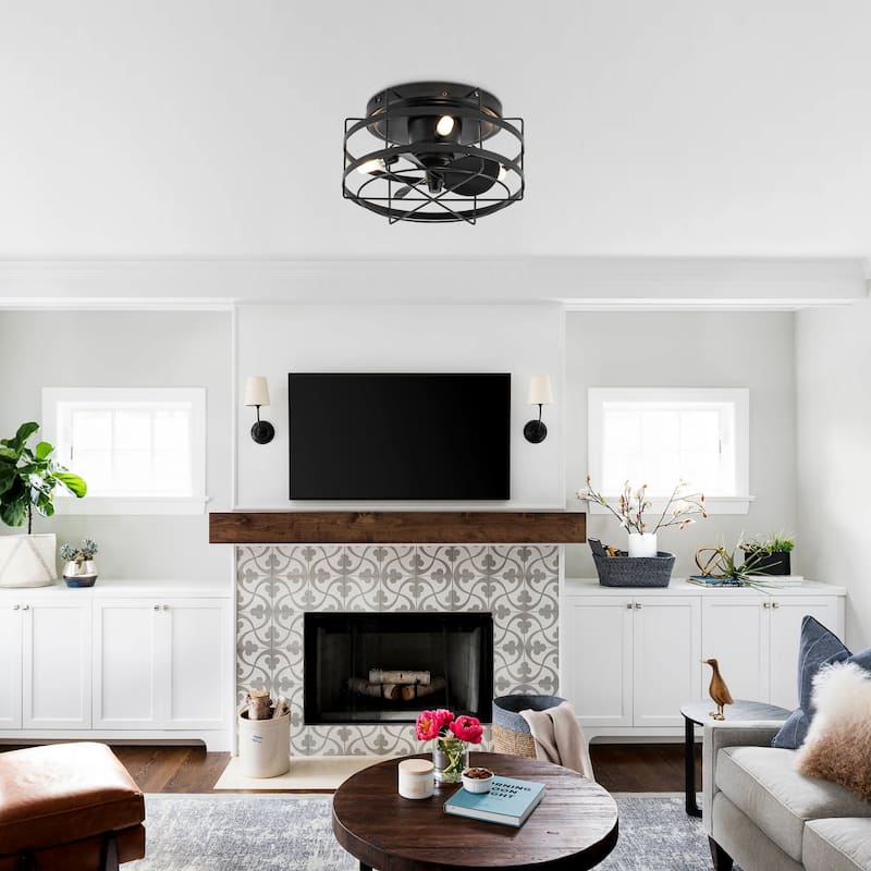 13-inch Matte Black Industrial Flush Mount Small Caged Fandelier Ceiling Fan with Remote and LED Light