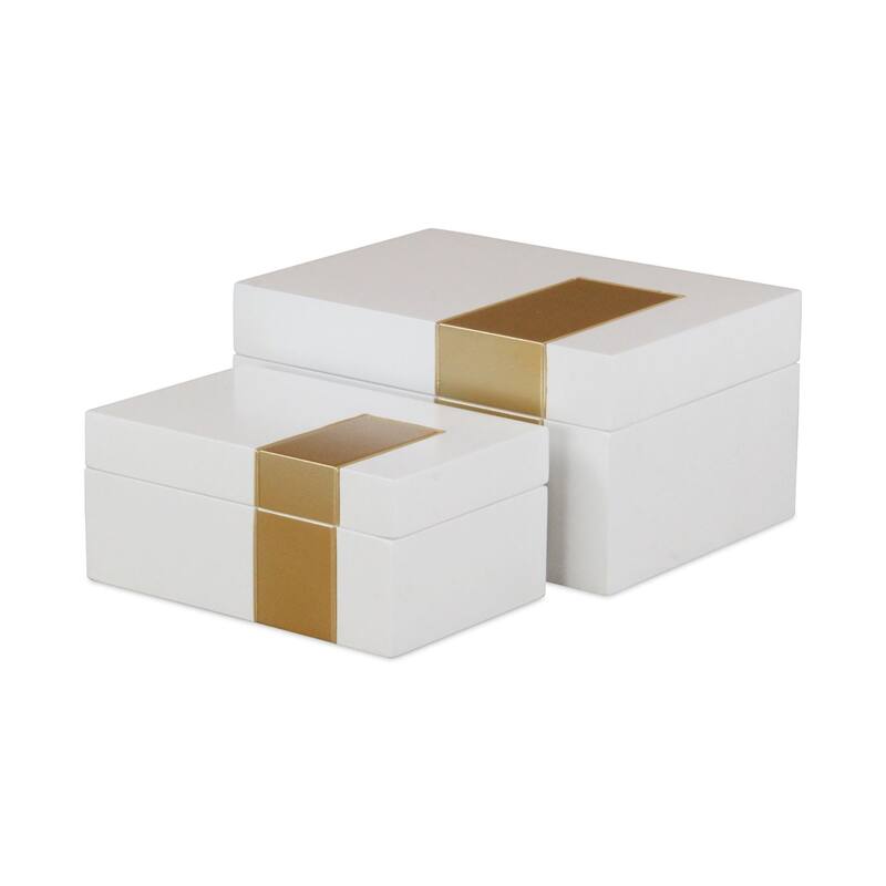Wooden Accent Boxes with Decorative Band - 10" - White and Gold - Set of 2