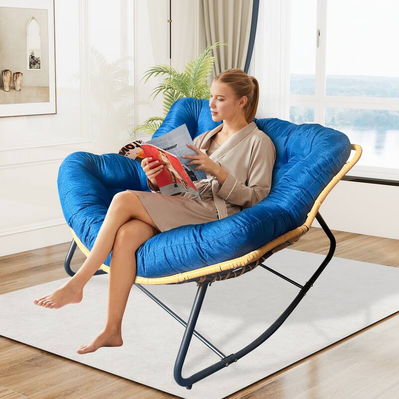 Modern Outdoor Egg Rattan Wicker Rocking Chair - Dark Blue