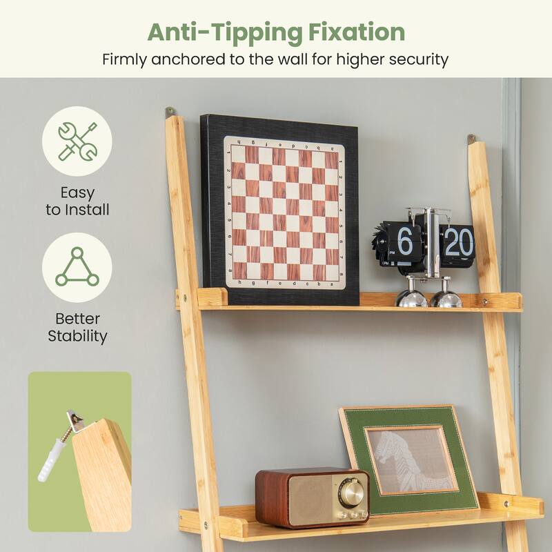 Gymax 5-Tier Bamboo Ladder Shelf Wall-Leaning Bookshelf Display