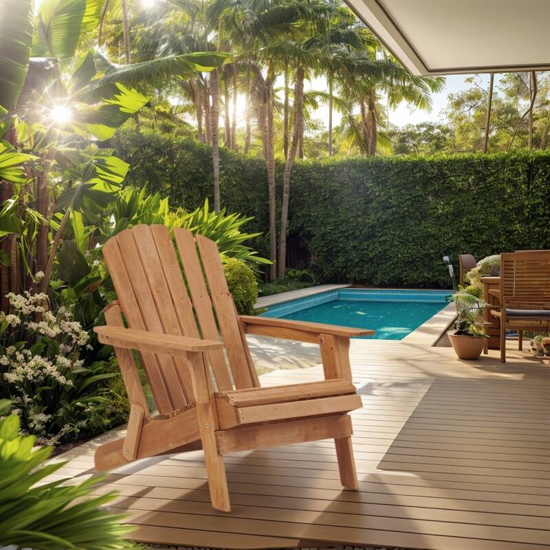 Oversize Wooden Outdoor Folding Adirondack Chair with Pre-Assembled BackRest & SeatBoard, Wood Patio Chair
