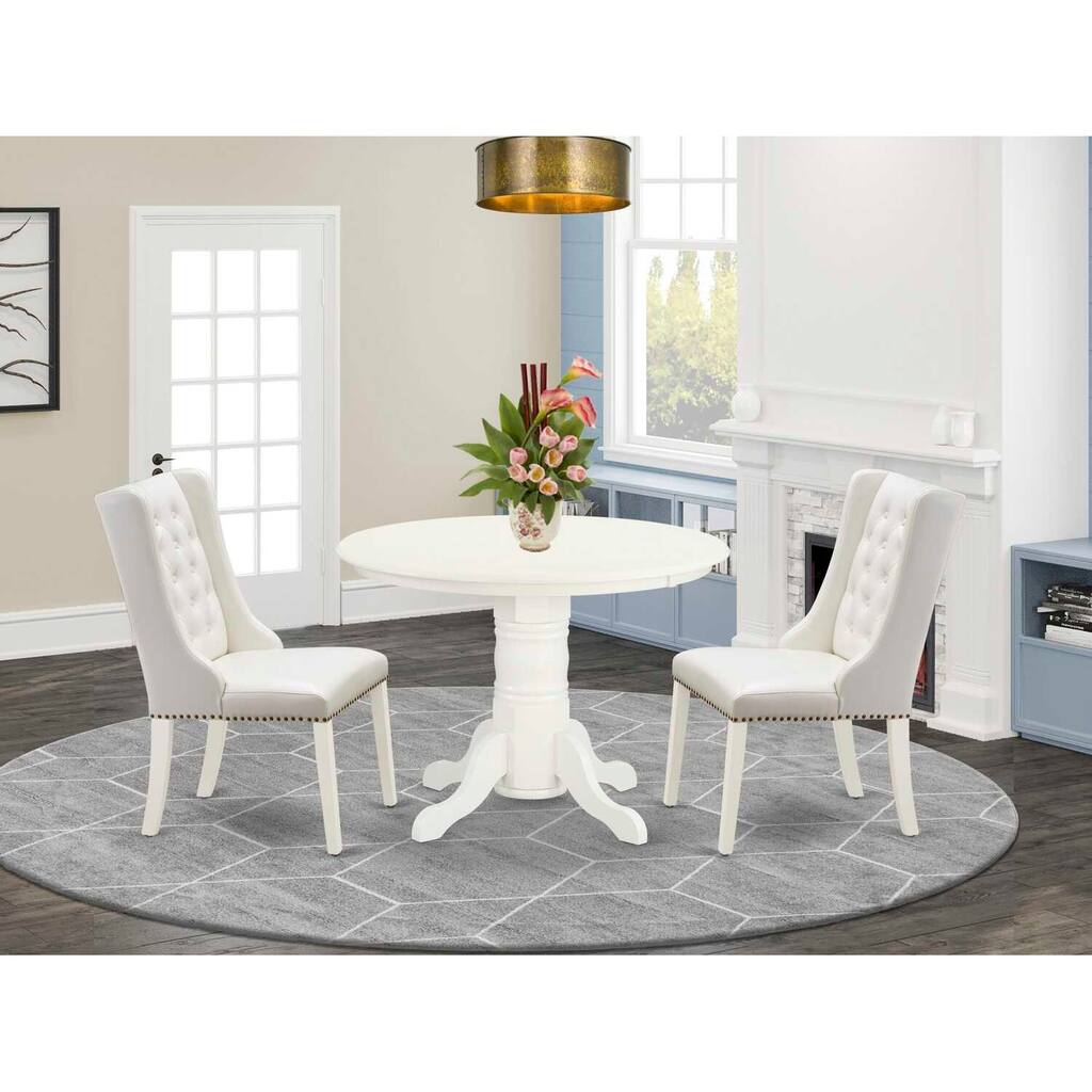 3-Piece Linen White Solid Wood Top - Button Tufted Dining Room Set - Seats 4