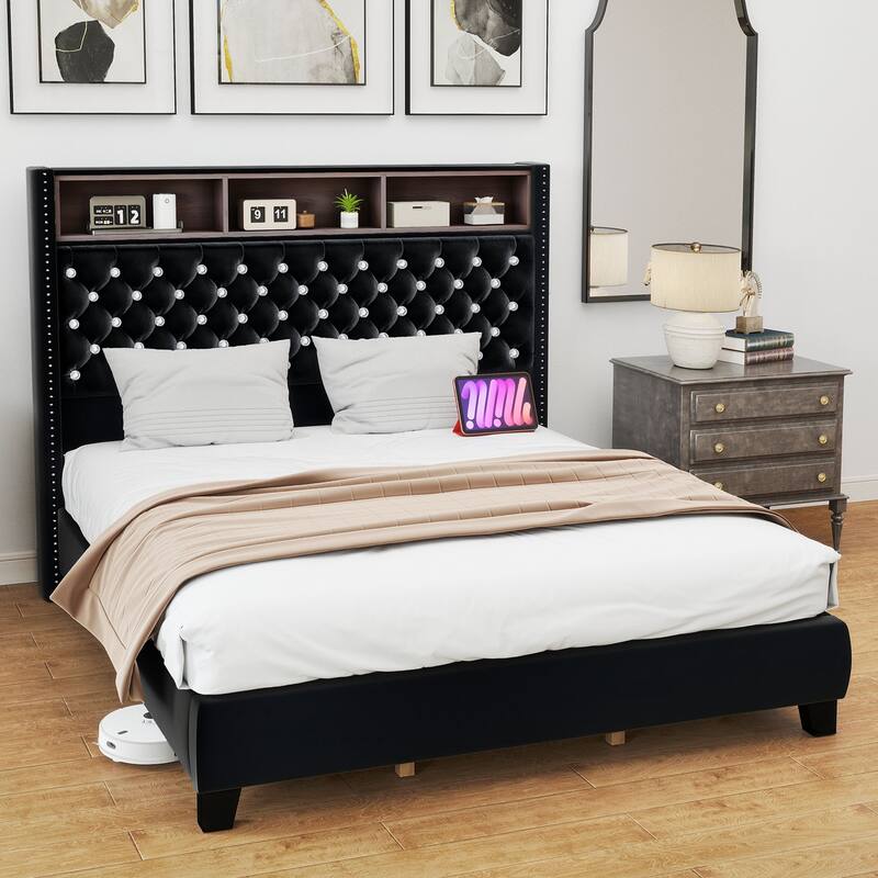 58" Tall Wingback Storage Headboard Bed Frame with USB Charging Stations and Deep Button Tufted