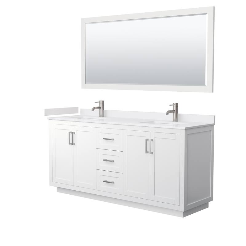 Miranda Double Vanity Set, Cultured Marble Top, 70-Inch Mirror - 72-Inch Double - White, Nickel Trim, White Cultured Marble Top