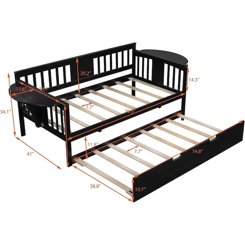 Wooden Daybed with Trundle Bed, Sofa Bed for Bedroom or Living Room