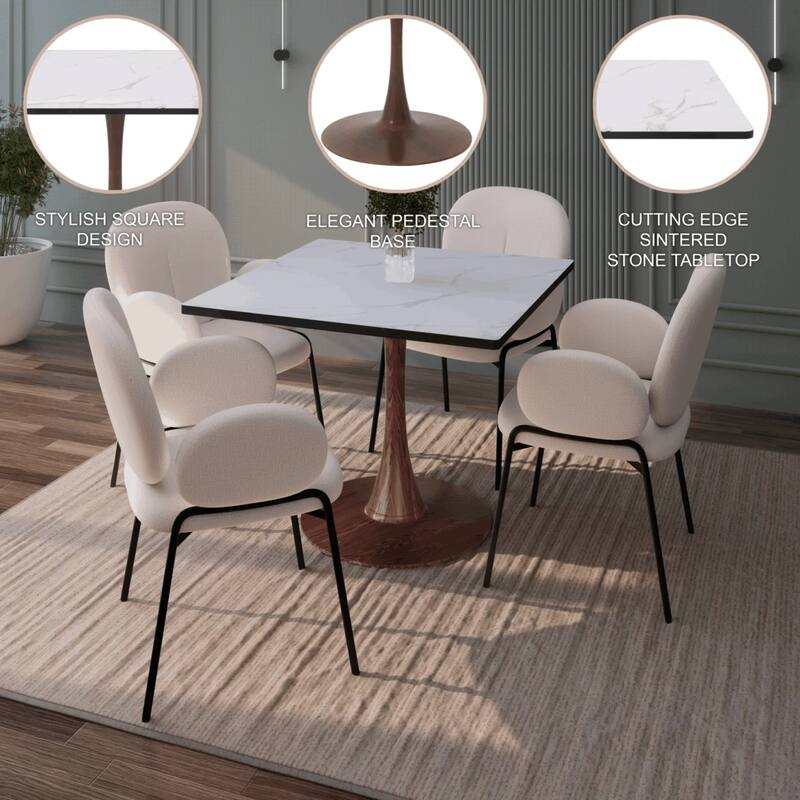 Bristol 27" Square Dining Table with Marbled White MDF Top and Steel Pedestal Base for Modern Kitchen and Dining Room - 27 in.