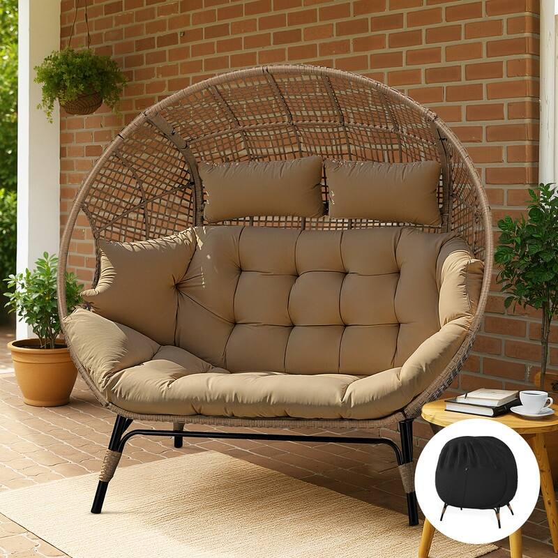 FINCATI 2-Person Indoor/Outdoor Wicker Egg Chair Loveseat, 57.1-in Wide, 6.5-in Cushion, 680-lb Capacity