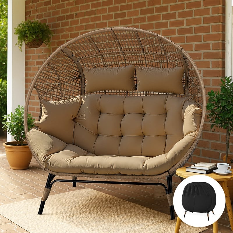 FINCATI 2-Person Wicker Egg Chair, 680 lb Capacity - Brown/Cover