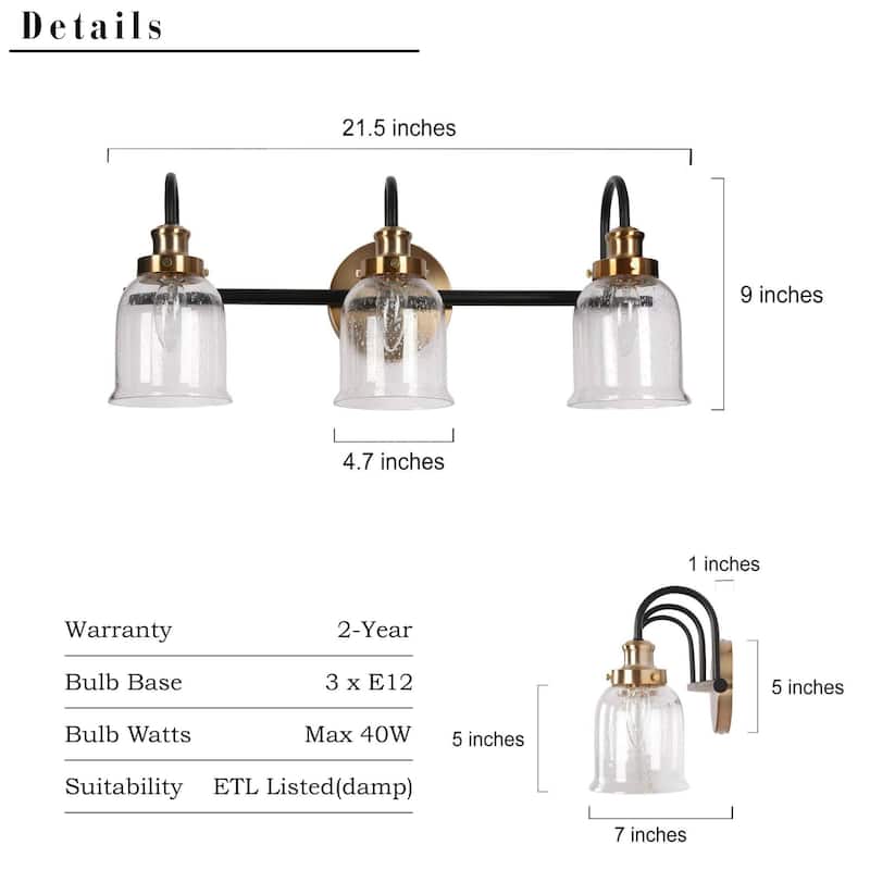 Kesa Modern 2/3-Light Black Gold Bathroom Vanity Lights Seeded Glass Bell Wall Sconces