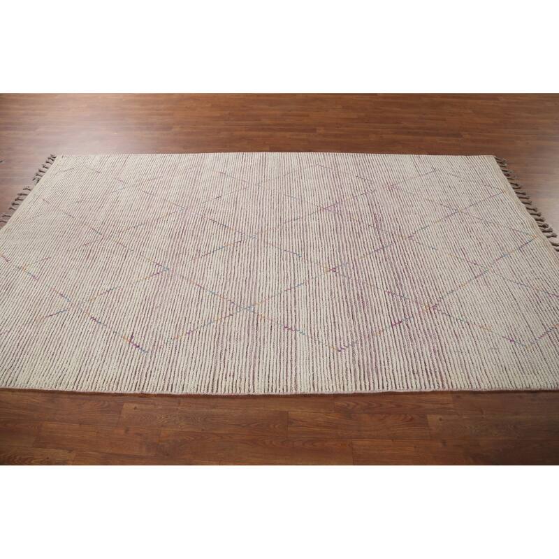 Beige Trellis Moroccan Area Rug Hand-Knotted Oriental Wool Carpet - 5'1"x 8'11"