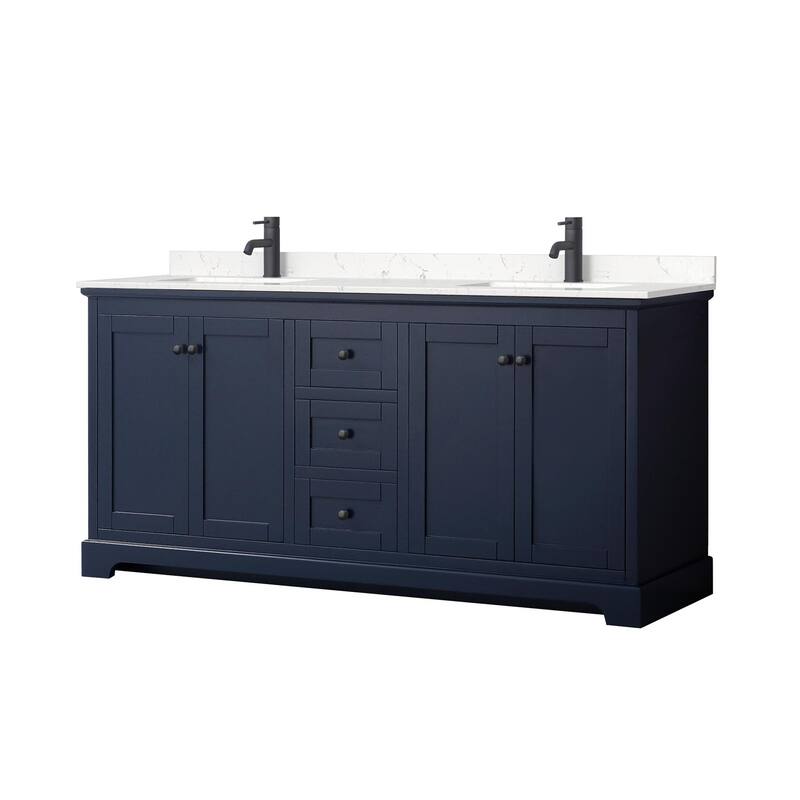 Wyndham Collection Avery 72" Free Standing Double Basin Vanity Set - Dark Blue / Carrara Cultured Marble Top / Matte