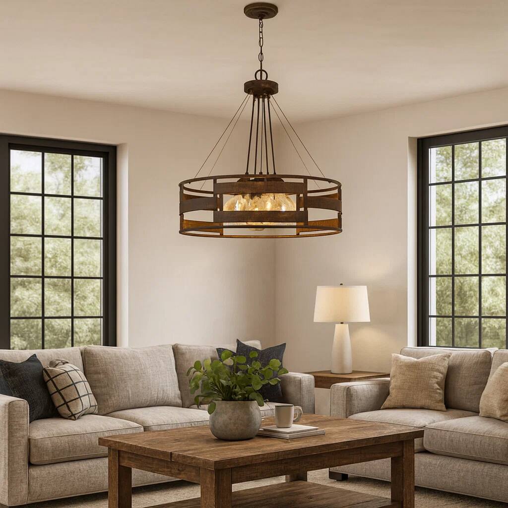 Frot 24 Inch Chandelier w Light Bulbs, Suspended Cable Design, Rust