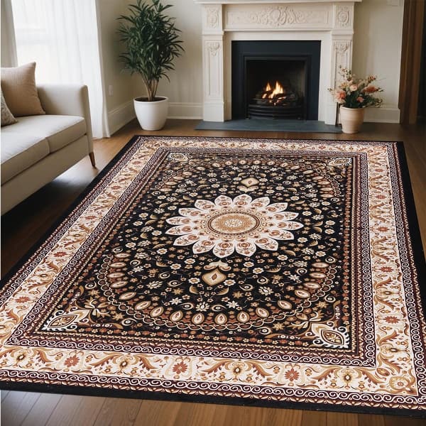 slide 2 of 11, Superior Milan Floral Medallion Washable Indoor Runner or Area Rug 10' x 14' - Black-Ivory