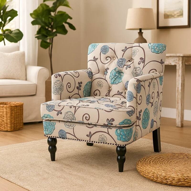 Lit Club Chair, Beige Tufted Floral Upholstery, Nailhead Brown Wood