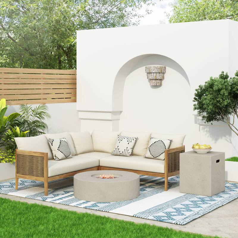 Burchett Outdoor Acacia Wood and Round Wicker 5 Seater Sectional Sofa Chat Set with Fire Pit by Christopher Knight Home - Light Gray