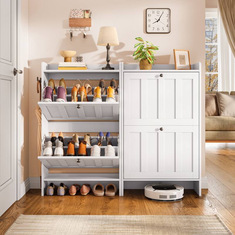 Shoe Cabinet with Flip Drawers, Slim Shoe Storage Cabinet for Entryway, Freestanding Narrow Rack with Open Storage