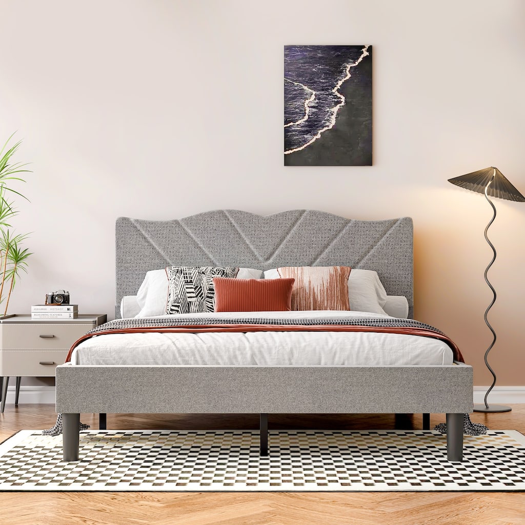 Modern Platform Bed Frame with Upholstered Headboard & Wooden Slats