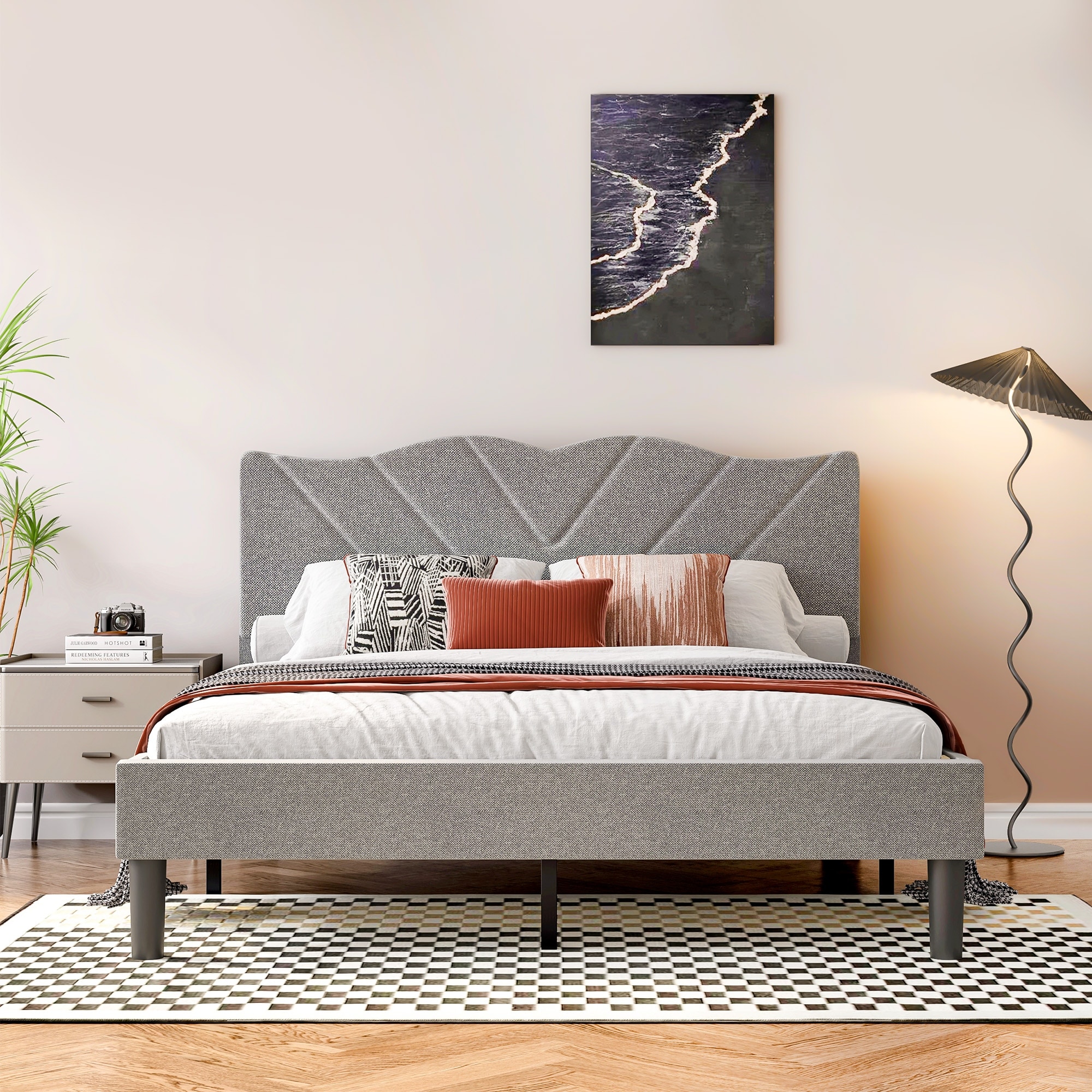 Queen Size Modern Platform Bed Frame with Upholstered Headboard