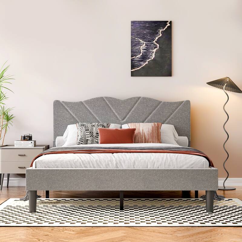 Queen Size Platform Bed Frame with Padded Upholstered Headboard, EVA Mute Bar, and No Box Spring Needed - Grey
