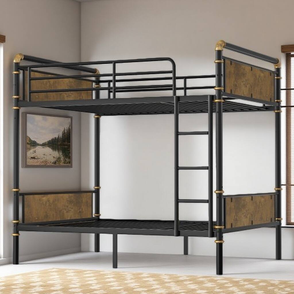 Convertible Twin XL Metal Bunk Bed with Ladder, Guardrails, and Rustic Wood Accents