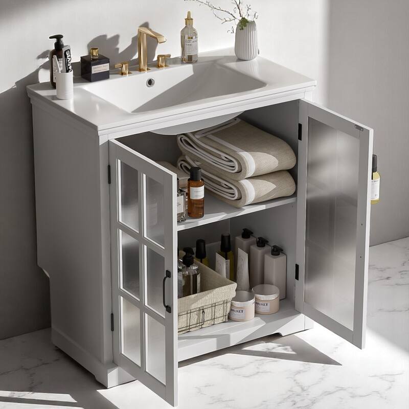 30" Bathroom Vanity with Ceramic Sink, Tempered Blurred Glass Doors,Adjustable Shelf, Freestanding Cabinet (Faucet Not Included)