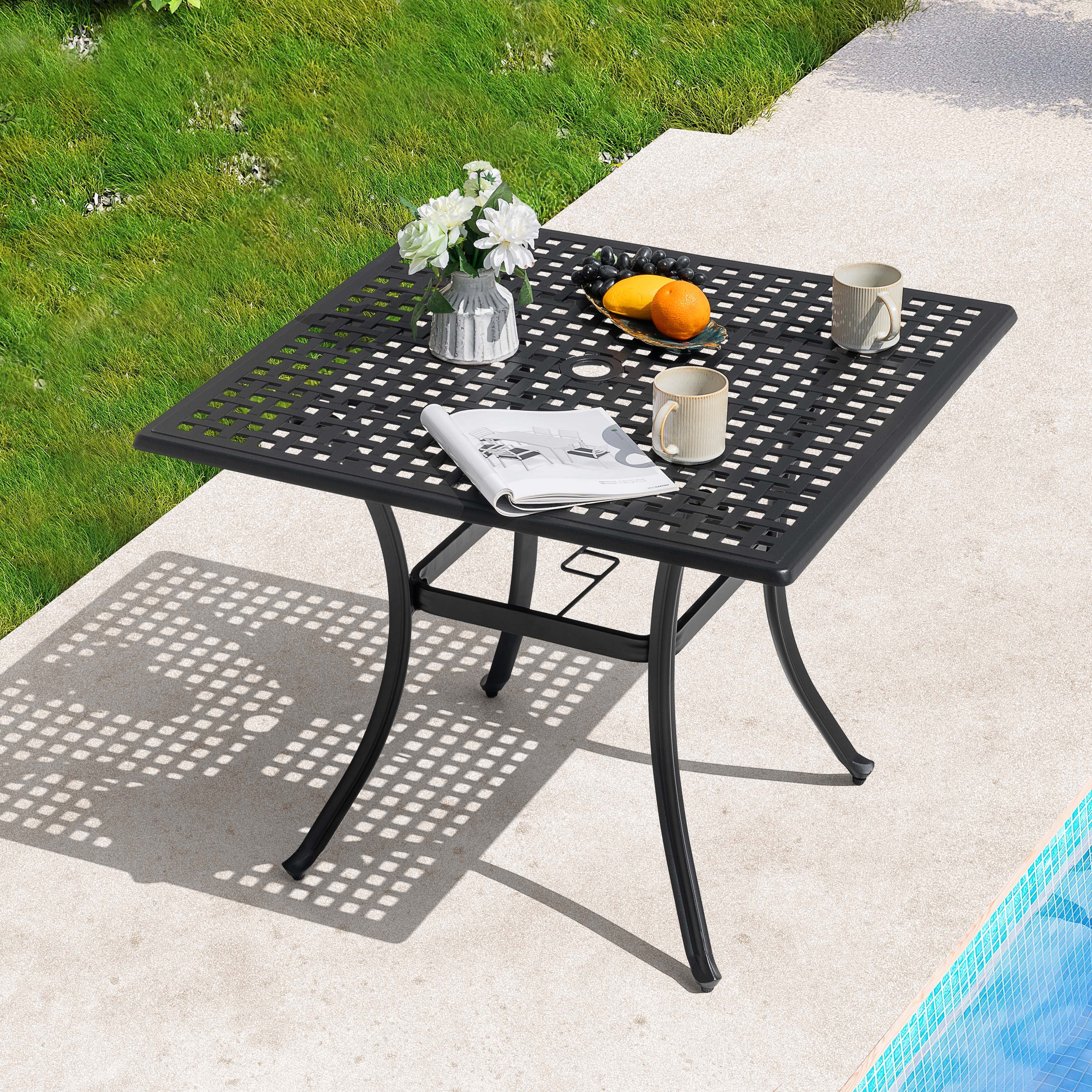 Nuu Garden Square Cast Aluminum Outdoor Dining Table with Umbrella Hole and Mesh Tabletop, Black with Gold Speckles