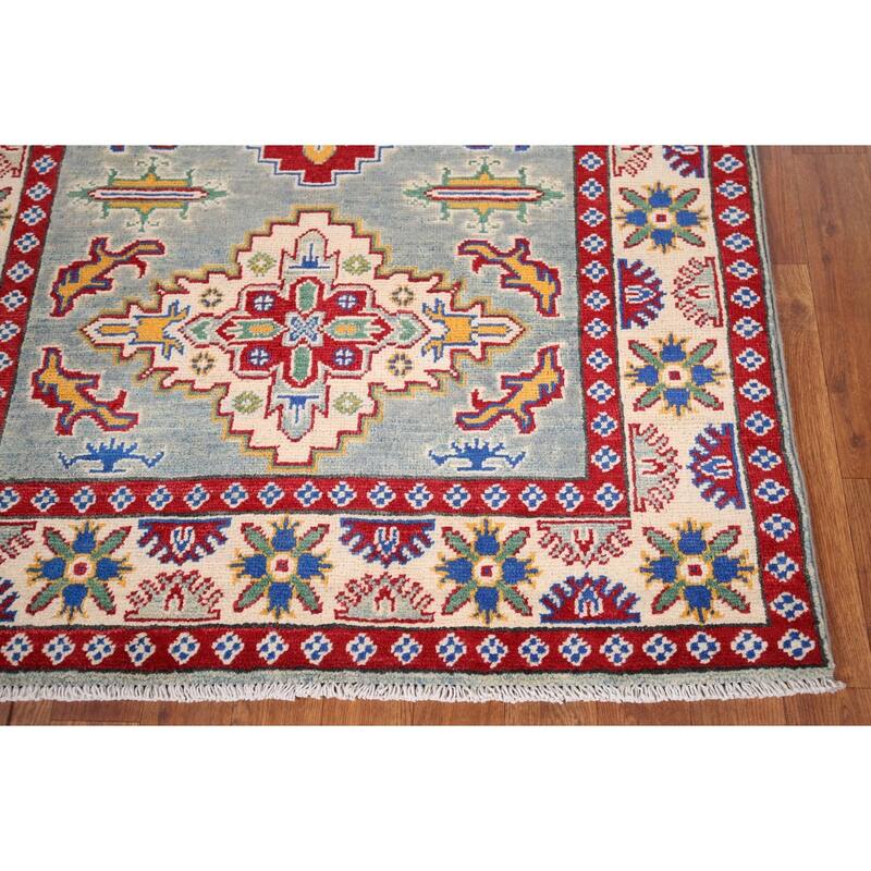 Geometric Kazak Foyer Rug Hand-Knotted Blue Wool Carpet - 3'4" x 4'9"