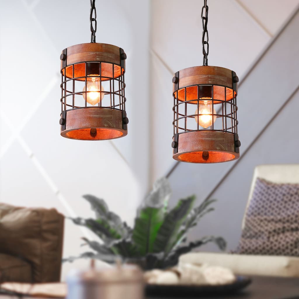 Anmytek Round Pendant Light Metal Wood Chandelier Rustic Loft Antique Edison Light Fixtures and Ceiling Light