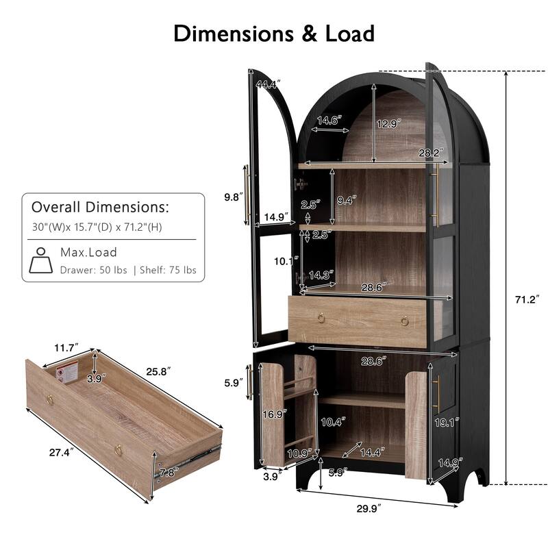 Farmhouse Arched Pantry Cabinet - 71" Tall Kitchen Storage with Adjustable Shelves, Glass Door & Hidden Drawer