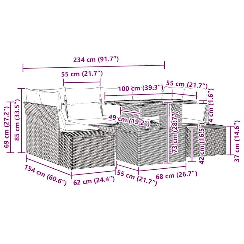 vidaXL 7 Garden Sofa Set with Cushions Black/Grey Poly Rattan - 91.7 x 60.6 x 27.2
