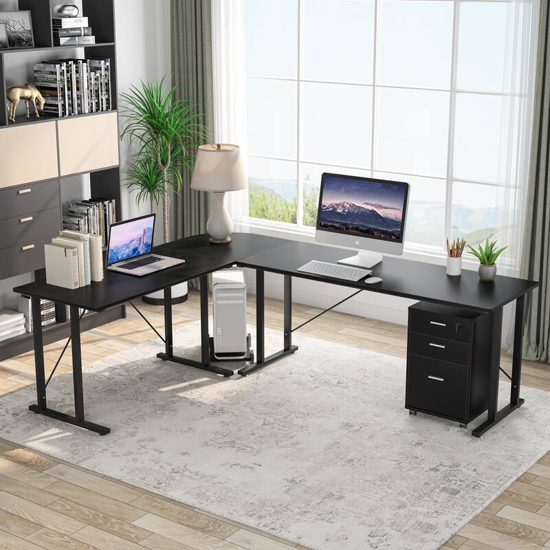 Large Executive Desk with File Cabinet, L Shaped Computer Desk Storage Cabinet - Black