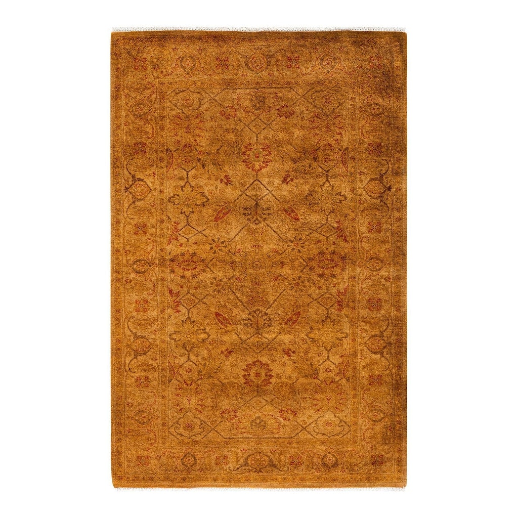 Overton Hand Knotted Wool Vintage Inspired Modern Contemporary Overdyed Gold Area Rug - 3' 3" x 4' 10"