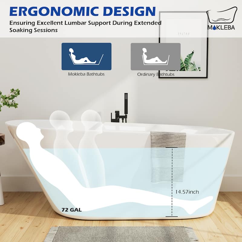 63 in. Acrylic Flatbottom Freestanding Bathtub Soaking with Pop Up Drain