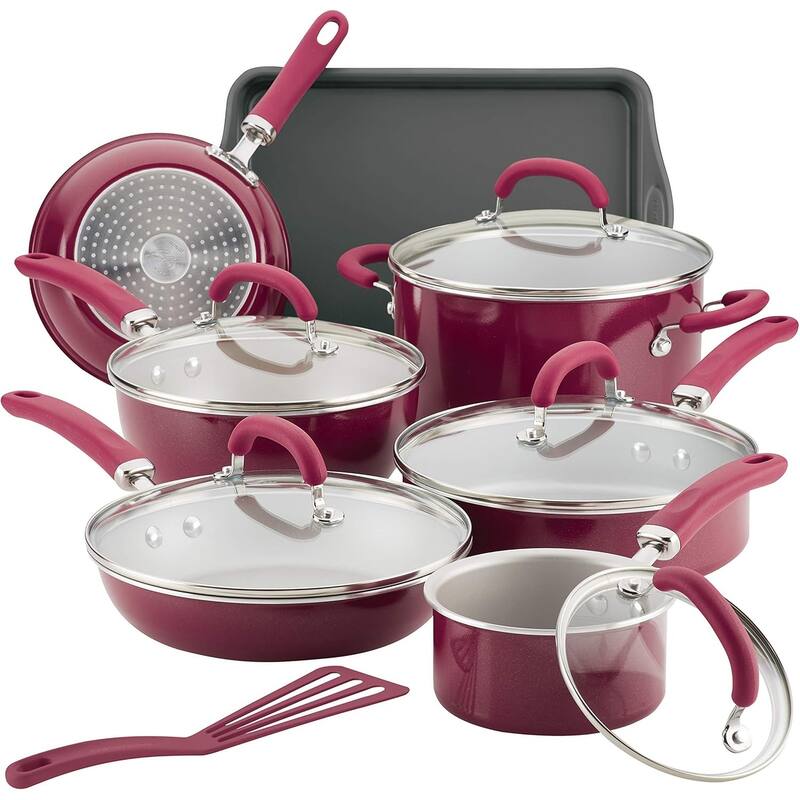Create Delicious Nonstick Cookware Pots and Pans Set, 13 Piece, Burgundy Shimmer