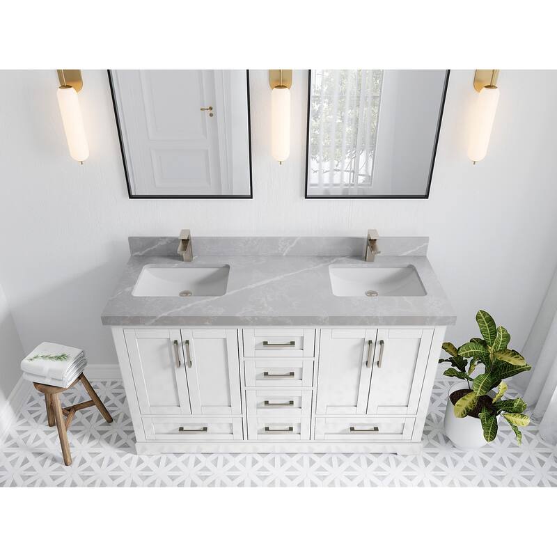Willow Collection 60 in W x 22 in D x 36 in H Boston Double Bowl Sink Bathroom Vanity with Countertop - 2"Pearl Gray - White