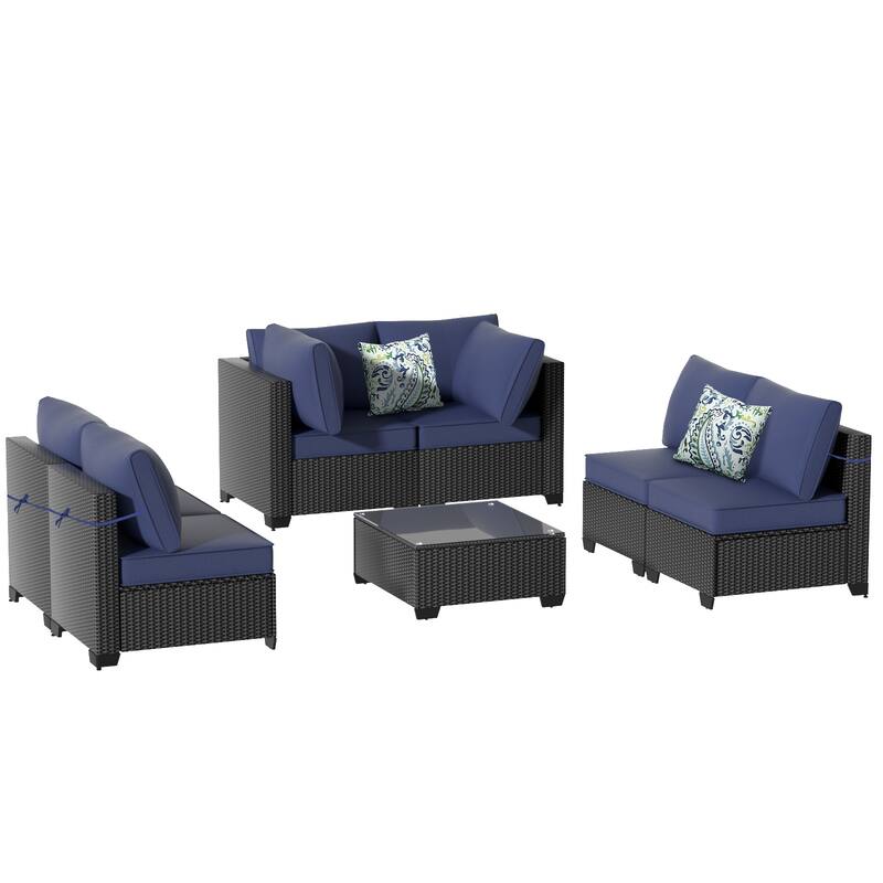 7-Piece Outdoor Patio Furniture Set Sectional Sofa Chairs and Tempered Glass Coffee Table PE Rattan Steel Frame with Cushions - Blue